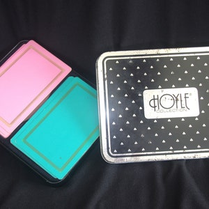 Vintage Playing Cards / Card Deck in Tin: Hoyle Collection, 1970s, Pin/ / Aqua w/ Gold Trim