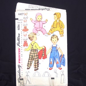 Vintage 1950s Simplicity Pattern: #4417, Toddler&#39;s Overalls, Jacket, & Hat, Brother and Sister Fashion w/ Transfer, Sz 1