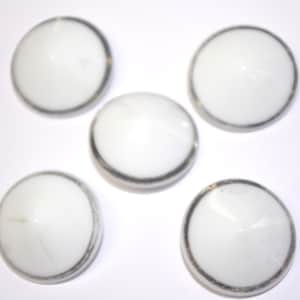 Vintage Button Set / Buttons: 5 White / Milk Glass Dome w/ Silver Edges, 1940s / 40s