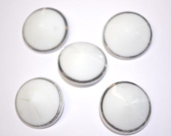 Vintage Button Set / Buttons: 5 White / Milk Glass Dome w/ Silver Edges, 1940s / 40s
