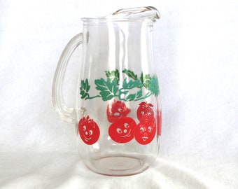 Vintage Juice Pitcher: Anthropomorphic / Anthro Smiling Tomatoes & Leaves, 7.5"