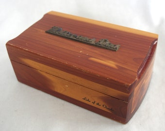 Vintage Wooden / Wood Trinket / Jewelry Box: Brass "Mother and Dad" on Lid, "Lake of the Ozarks" Souvenir, Cedar