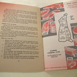 May include: Open vintage cookbook pages with text and illustrations of beef cuts. The right page features a diagram of a side of beef, with labels for different cuts. The left page has text about saving money on food.