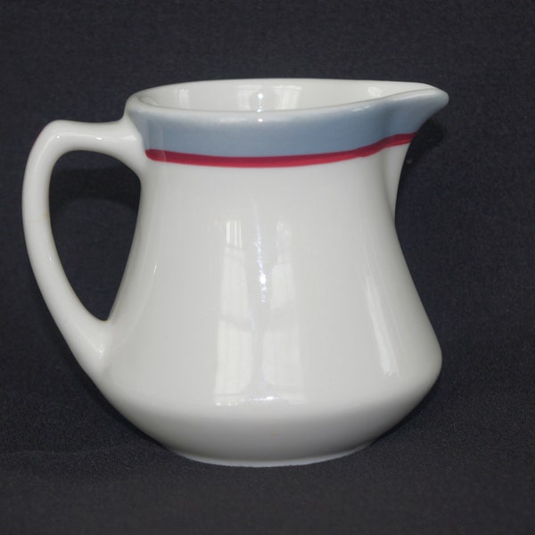 Vintage Ironstone Restaurant Ware / Individual Creamer / Syrup: "Syracuse China" White w/ Gray & Maroon Stripe