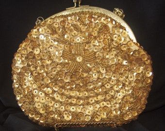 Vintage Evening Bag: Gold Sequined & Beaded "Hong Kong" 1950s