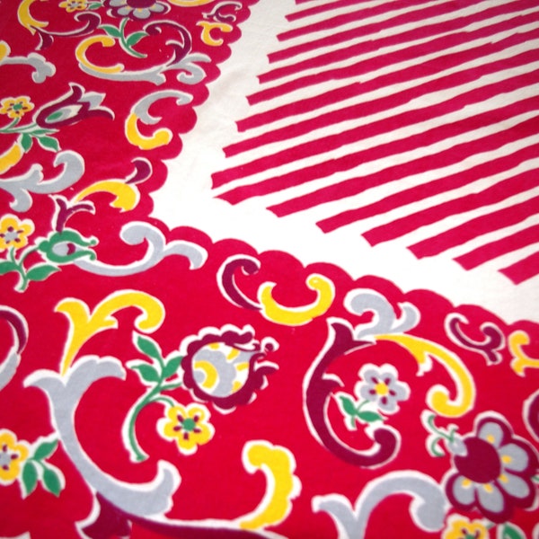 Vintage Printed Tablecloth: Paisley & Flower Border w/ Striped Center, Red Yellow Maroon Gray Green 1950s