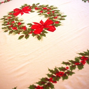 Vintage 1970s Printed Christmas / Holiday Tablecloth: Red Bows, Holly, Evergreens