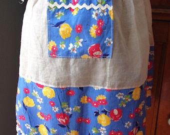 Vintage Half Apron: 1950s White Lawn & Feedsack w/ Flowers, Rickrack, Pocket, Handmade Blue Red Yellow