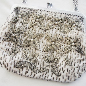 Vintage 1950s Silver Beaded Evening Bag: w/ Seed Bead Flowers w/ Pearl Centers, Walborg