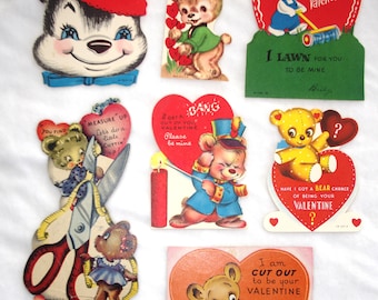 7 Vintage 1950s Valentines: Bears Doing Activities