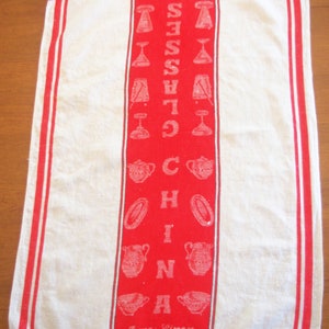 Vintage Woven Linen Kitchen Towel / Cloth/ Tea Towel: Red Black White &quot;China&quot; &quot;Glasses&quot; and Dishes