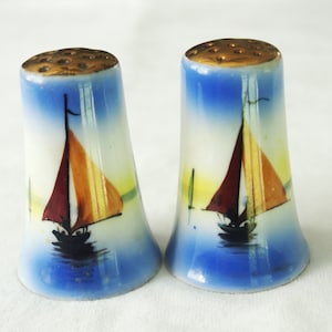 Vintage Salt & Pepper Shakers: Hand-Painted, Sailboats, Blue + Yellow, Japan