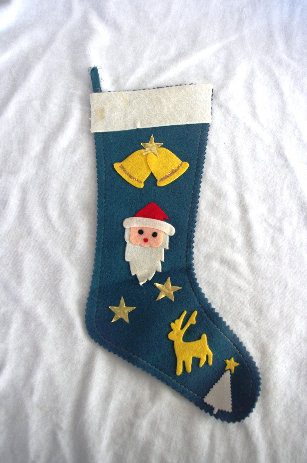 Vintage 1960s Green Felt Christmas Stocking With Santa, Bells, Reindeer