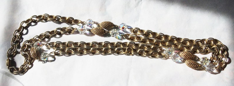 Vintage 1970s Necklace Ornate Gold Chain with Aurora Borealis Beads