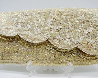 Vintage 1930s Beaded Sequined Evening Bag w Gold Beads & Sequins Scallops Stripes