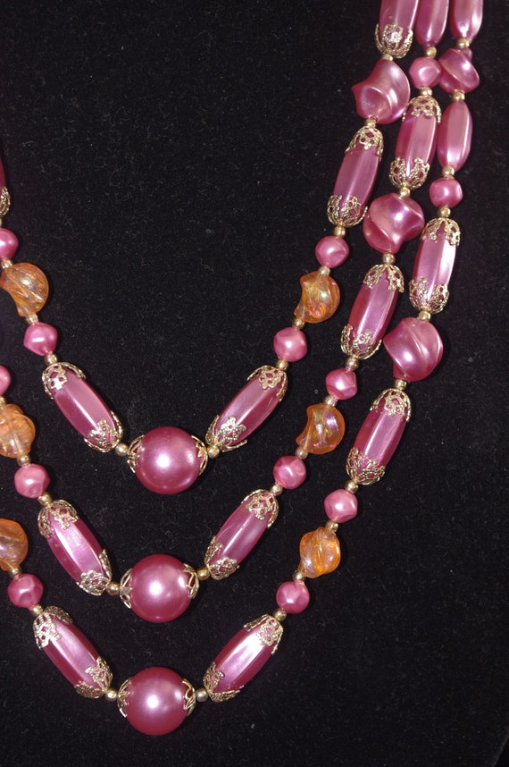 Vintage 3 Strand Beaded Necklace: Purple Pearls &… - image 1