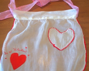 Vintage Women's Half Apron: Handmade "Be My Valentine" Sheer White Cotton, Heart Pocket w/ Red Rick Rack Trim / Satin Heart, 1950s / 50s