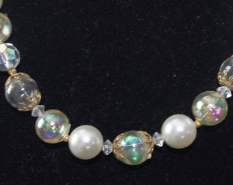 Vintage Beaded Necklace: 1960s Glass Aurora Borealis Crystals, Clear Plastic Bubbles, & Pearls