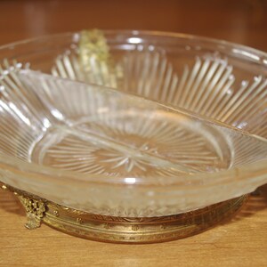 Vintage Divided Serving Bowl with Ornate Brass Footing 1930s