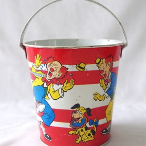 Vintage Small Sand Pail / Bucket: Clowns on Stripes, Lithograph, Tin, Ohio Art 1960s