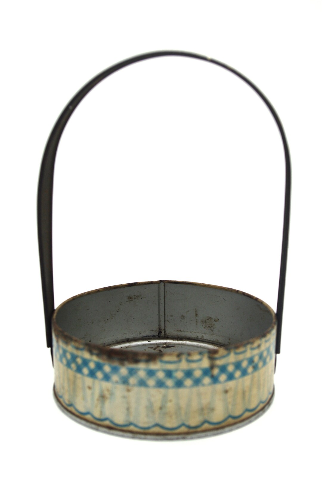 Vintage Lithographed Tin Easter Basket Blue Offwhite Gingham & Lace