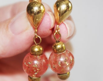 Vintage Clip-On Earrings: MCM / Mid Century Mod, Clear Pink Lucite w/ Gold Glitter Inclusions, 1960s