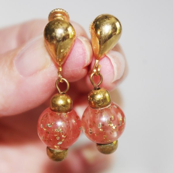 Vintage Clip-On Earrings: MCM / Mid Century Mod, Clear Pink Lucite w/ Gold Glitter Inclusions, 1960s