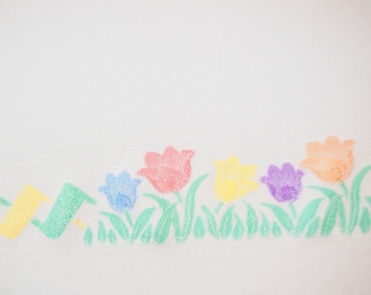 Vintage Woven Damask Tablecloth: White w/ Pastel Tulips & Zigzags 1960s
