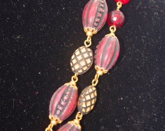 Vintage 2 Strand Beaded Necklace: Unusual Plastic Red & Black Beads with Gold Accents 1950s West Germany