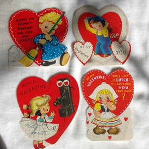 4 San Valentín antiguos: chicas de los años 50: chica holandesa, chica barriendo, chica con sombrero, chica con teléfono