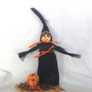 Vintage Halloween Witch: Fiber w/ Pumpkins on Wood Slice, 1950s