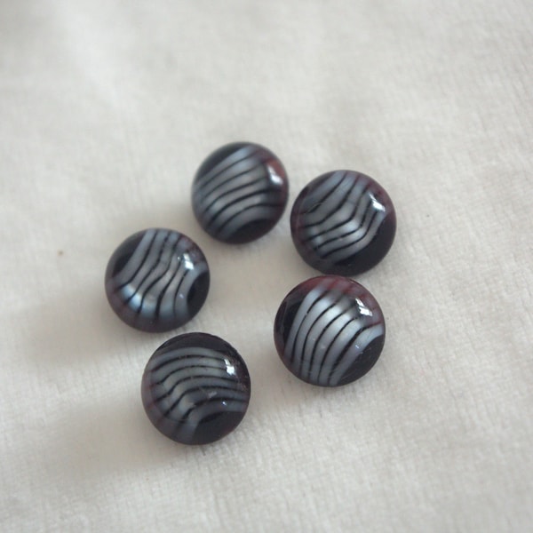 5 Vintage Glass Buttons / Lot: Dark Purple w/ Silver Stripes