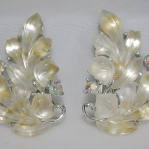 Vintage Clip Earrings: Lisner Translucent White Oak Leaves & Aurora Borealis Rhinestones, 1950s