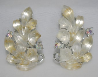 Vintage Clip Earrings: Lisner Translucent White Oak Leaves & Aurora Borealis Rhinestones, 1950s