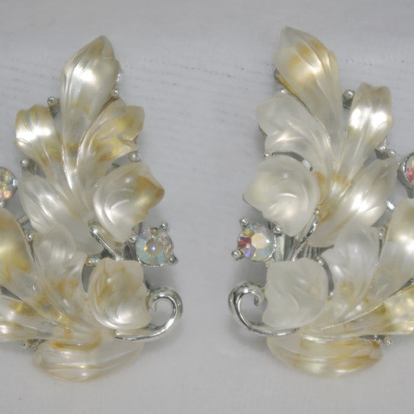 Vintage Clip Earrings: Lisner Translucent White Oak Leaves & Aurora Borealis Rhinestones, 1950s