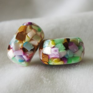 Vintage Lucite Earrings: Rainbow Mother of Pearl Confetti Inclusions, Japan, 1950s
