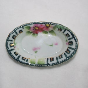 Vintage Porcelain Open Salt Cellar / Dip: Hand-Painted Pink Flowers, Raised Dots, Green Trim, & Gilding