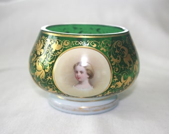 Antique Bohemian Portrait Bowl: Young Girl / Flowers on Gilded Green Glass, Hand-Painted