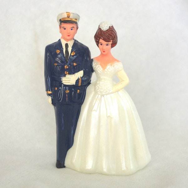 1960s Wedding Cake Topper: Hard Plastic Bride & Air Force Groom, Painted, "Hong Kong No. 514"