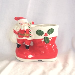 Vintage Santa Planter: Small Santa on Boot,&quot;Napco&quot; Foil Sticker, 1950s