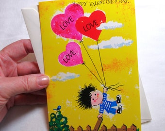 Vintage Valentine Card: Boy with Heart Balloons, Bifold, 1970s, Unused