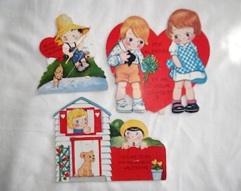 3 Vintage Valentines: Big-Eyed Children, 1 Stand-Up 1950s