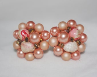 Vintage Clip On Earrings: Blush Pink Pearls, Sugar, & Swirl Beads 1950s 50s Japan