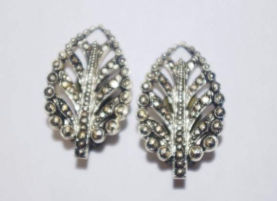 Vintage Clip Earrings: Silver Marcasite Leaves / … - image 2