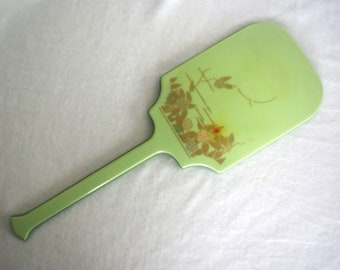 Vintage Hand Mirror: Art Deco Decorated Two-Toned Green "DuPont Lucite" Long-Handled, 1930s