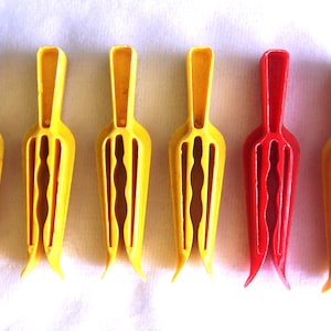 6 Vintage Clothespins: Yellow & Red "Flexon" Hard Plastic, 1950s-1960s