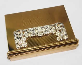 Vintage Volupte "Swinglok Sophisticase" Gold Metal & Rhinestone Compact / Carryall / Purse / All-In-One / Minaudiere