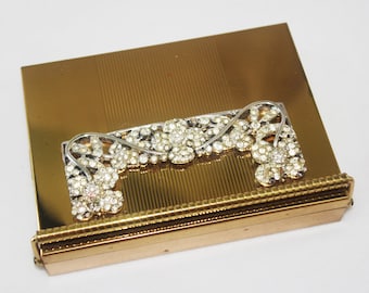 Borsa compatta vintage / Carryall / Purse / All-In-One / Minaudiere: Volupte &quot;Swinglok Sophisticase&quot; in metallo dorato e strass, anni &#39;40 / &#39;40