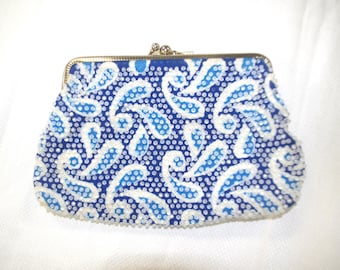 Vintage make-uptas / accessoire / make-uptas: blauw / wit paisley, corde-kraal kunststof kralen / kralen, jaren 60/60