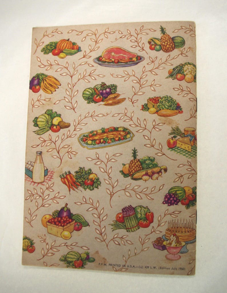 May include: Vintage cookbook cover with a beige background and a repeating pattern of food illustrations. The illustrations include fruits, vegetables, and cooked meats, with a decorative vine design. The text at the bottom reads "P.F.M. PRINTED IN U.S.A.--(a) 439 L.W. (Edition July 1950)".